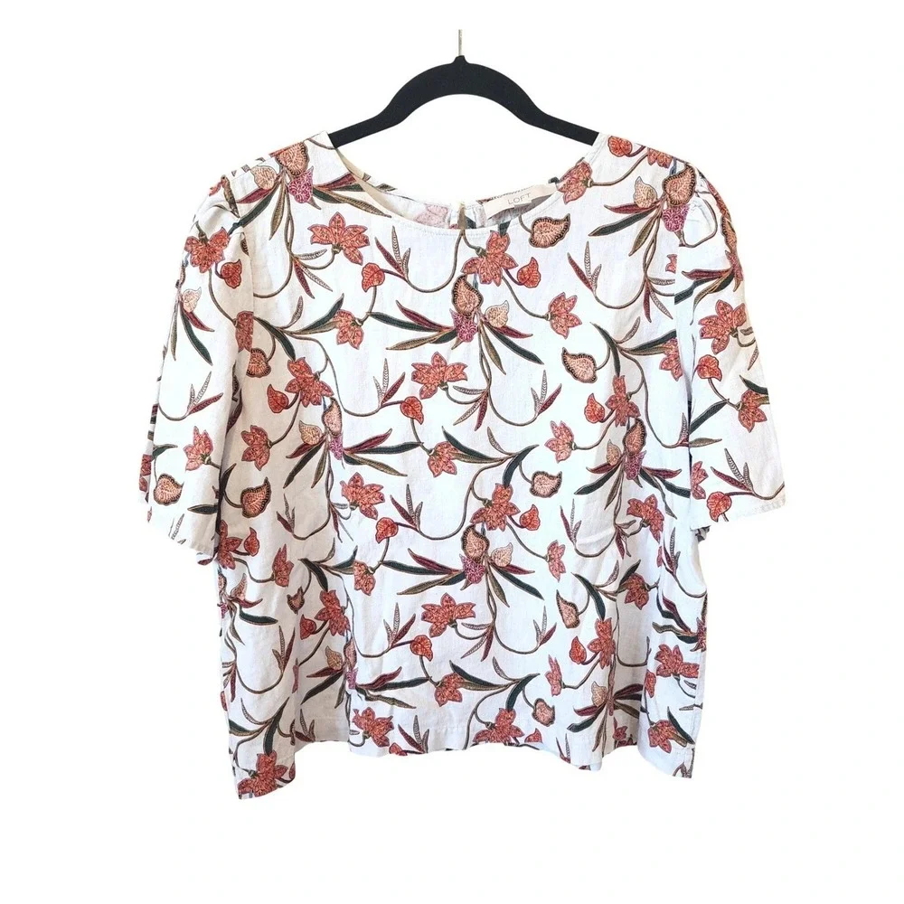 LOFT Womens Floral Linen Blend‎ Top in Large Cottagecore, Boho, Earthy, Granola